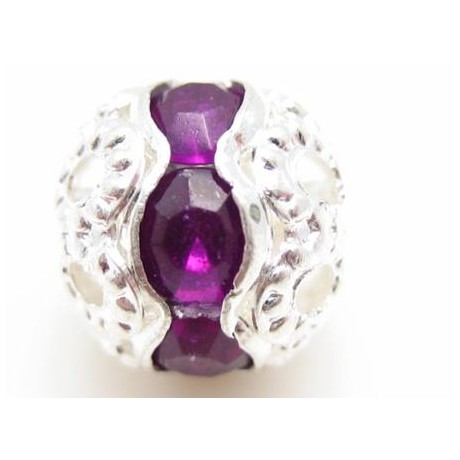 Rund sølv rhinstensperle med lilla stene 8 mm - 2 stk