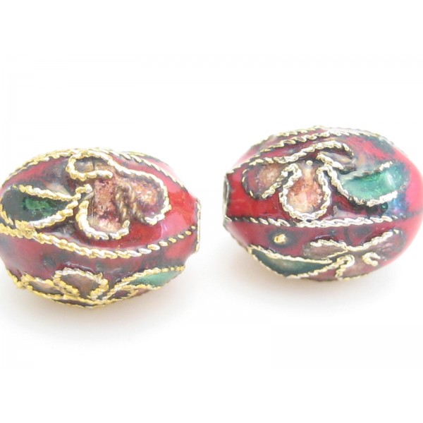Cloisonne ovale perler 11 mm røde - 2 sk