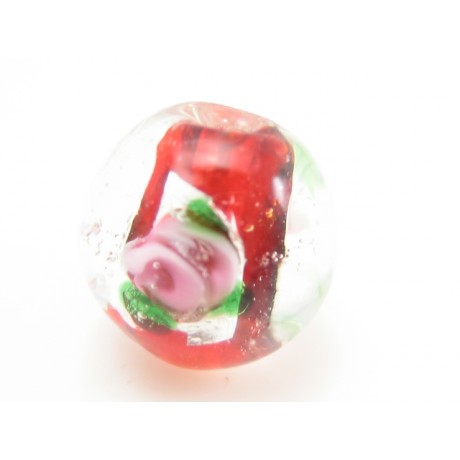 Rød glas perle med rose 12 mm / 1,5 mm - 4 stk