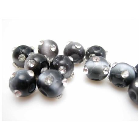 Cat eye perle med stene 8 mm - sort - grå