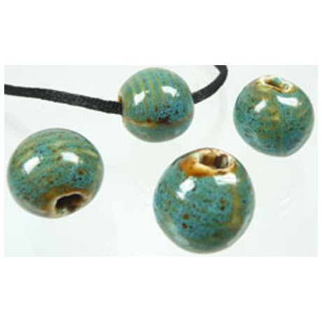 Rund keramik perle håndlavet 16 / 4 mm  turkis & brun