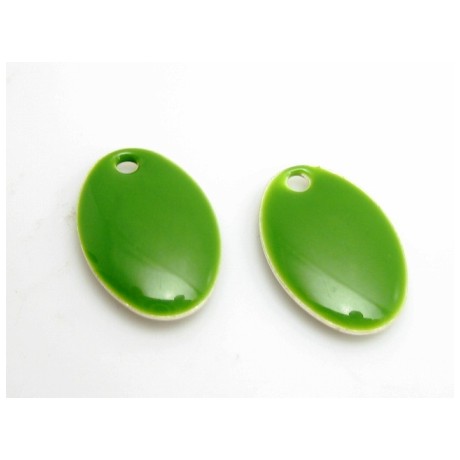 Emalje vedhæng oval 14 mm grøn  - 2 stk