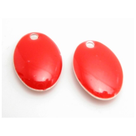 Emalje vedhæng oval 14 mm rød  - 2 stk
