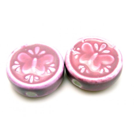 Porcelæns perle flad - rund 17 mm - gl. rosa- 4 stk
