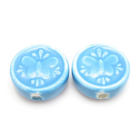 Porcelæns perle flad - rund 17 mm - Turkis - 4 stk