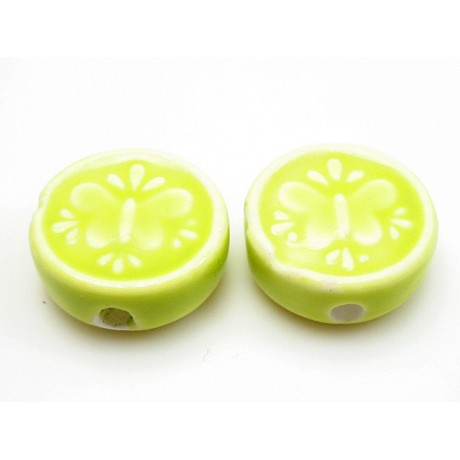 Porcelæns perle flad - rund 17 mm - Æblegrøn - 4 stk