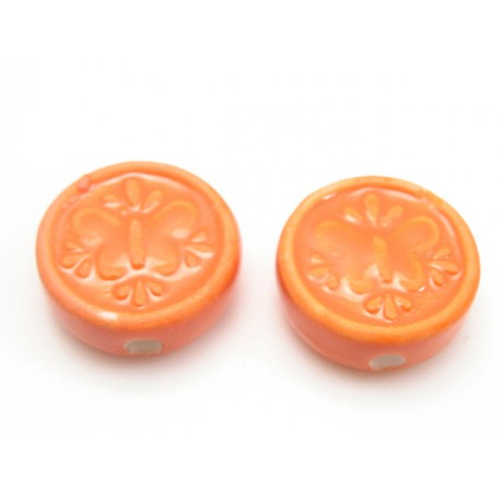 Porcelæns perle flad - rund 17 mm - Orange  - 4 stk