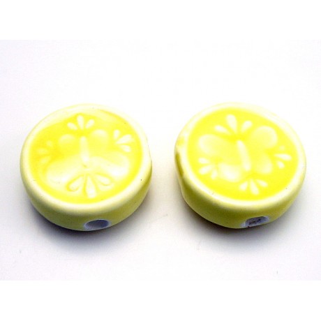 Porcelæns perle flad - rund 17 mm - gul - 4 stk