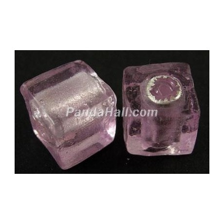 Håndlavet firkantet glas perle rosa med folie 8/1,5 mm - 4 stk