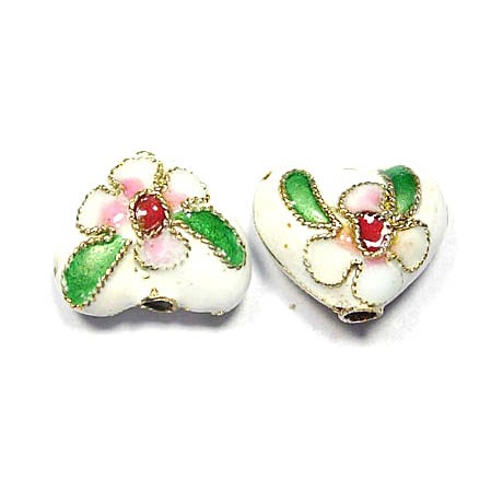 Cloisonne hjerte 12 / 2 mm Hvid - 2 stk