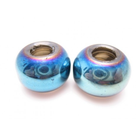 Glas perle med stort hul 5 mm - turkis - 2 stk