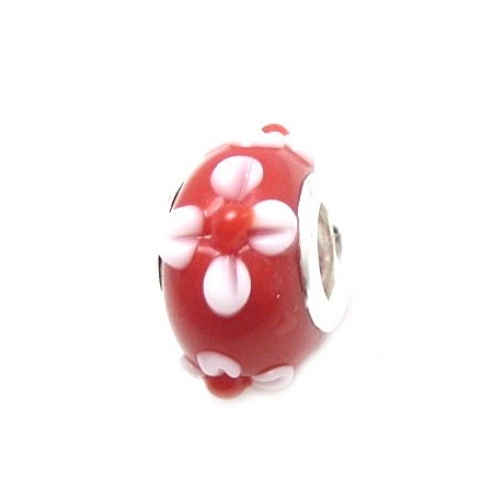 Glas led / charms flot i rød med hvid blomst