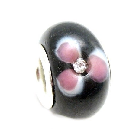 Glas led / charms flot i sort med blomst