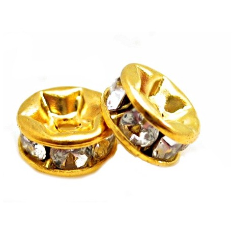 Guld rondel 6mm - klare sten - 4 stk