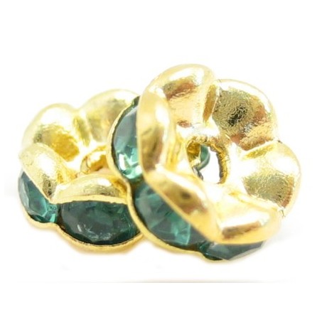 Guld rondel 6mm - grønne sten - 4 stk