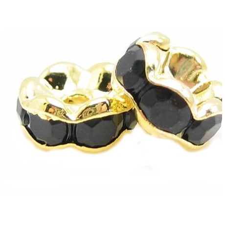 Guld rondel 8mm - sorte stene  - 2 stk