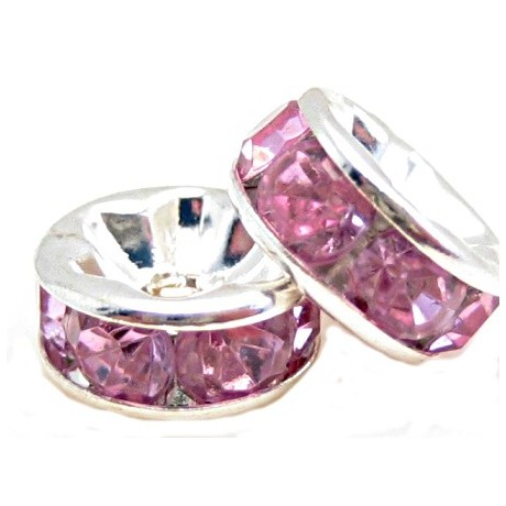 Sølv fs rondel 8mm - rosa stene - 2 stk