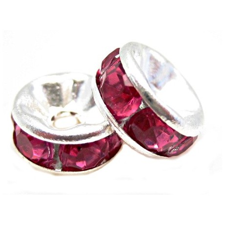 Sølv fs rondel 8 mm -  pink stene - 2 stk