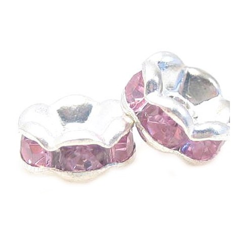 Sølv fs rondel 6mm -  rosa stene - 4 stk
