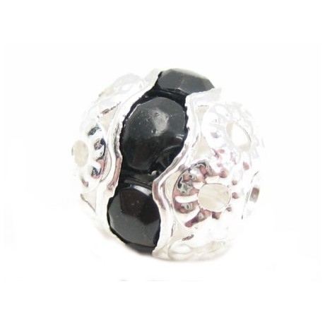 Rund sølv rhinstensperle 8 mm - sorte stene - 2 stk