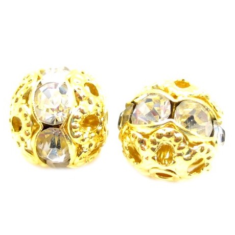 Guld rhinstens kugle 8mm med klare stene - 2 stk