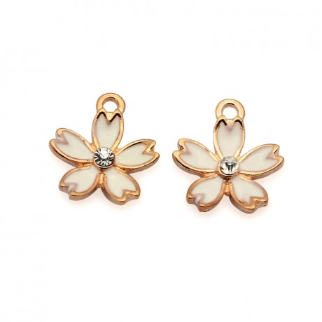Guld blomst vedhæng med hvid emalje 18 mm