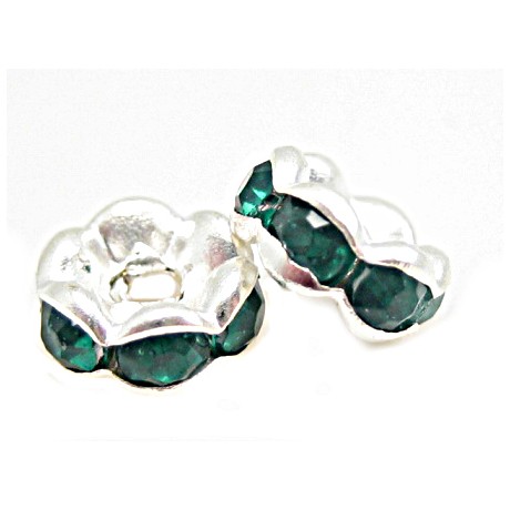 Sølv fs rondel 6 mm - grønne sten - 4 stk